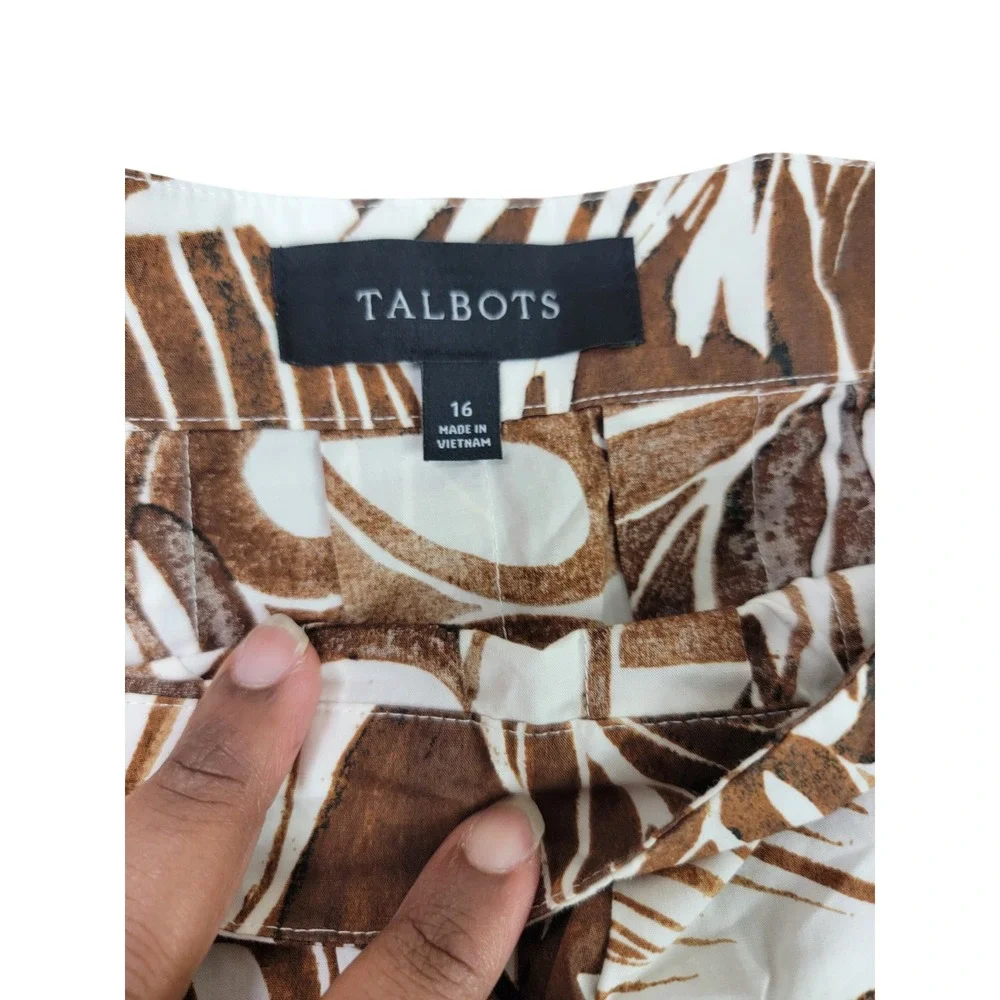 Talbots The Piper Pleated Midi Skirt Woodland Ferns Brown White Cotton Size 16